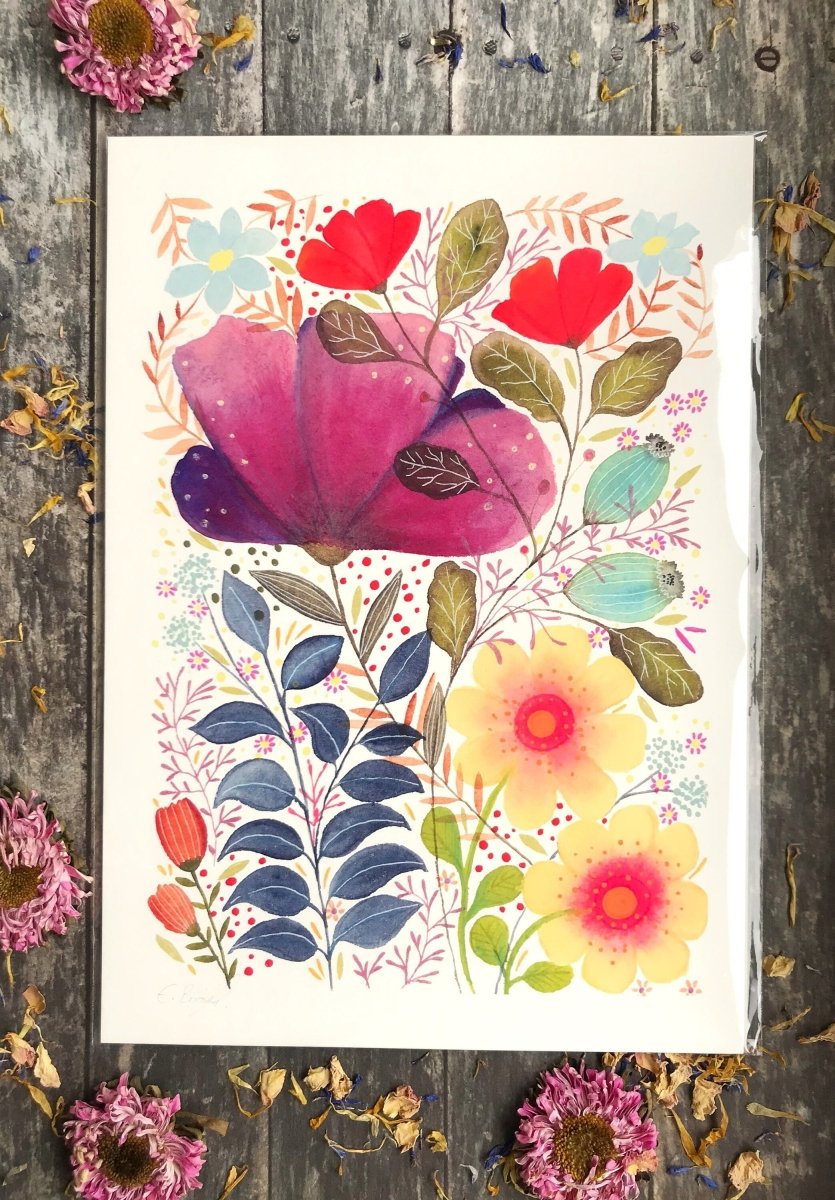 Floral wall art, Hares, Watercolour floral print,A4 Art Print, Home Décor, Nursery Art, Unframed, Botanical Prints, Boho wall art - Erika's Whimsical Art