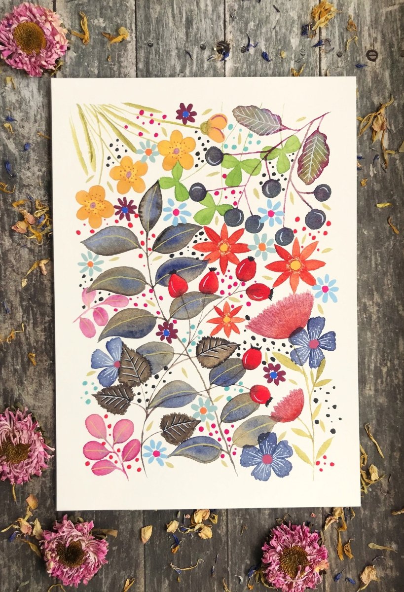 Floral wall art, Hares, Watercolour floral print,A4 Art Print, Home Décor, Nursery Art, Unframed, Botanical Prints, Boho wall art - Erika's Whimsical Art