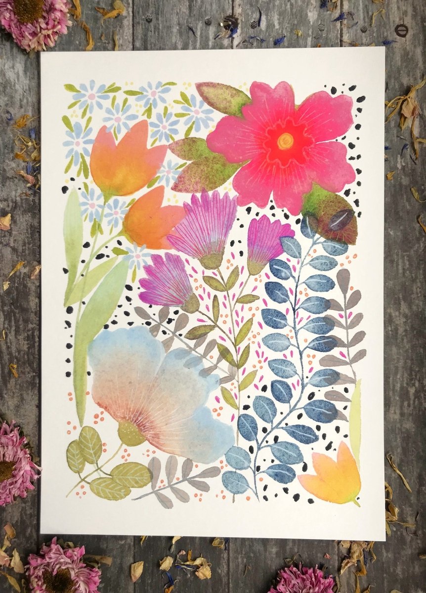 Floral wall art, Hares, Watercolour floral print,A4 Art Print, Home Décor, Nursery Art, Unframed, Botanical Prints, Boho wall art - Erika's Whimsical Art