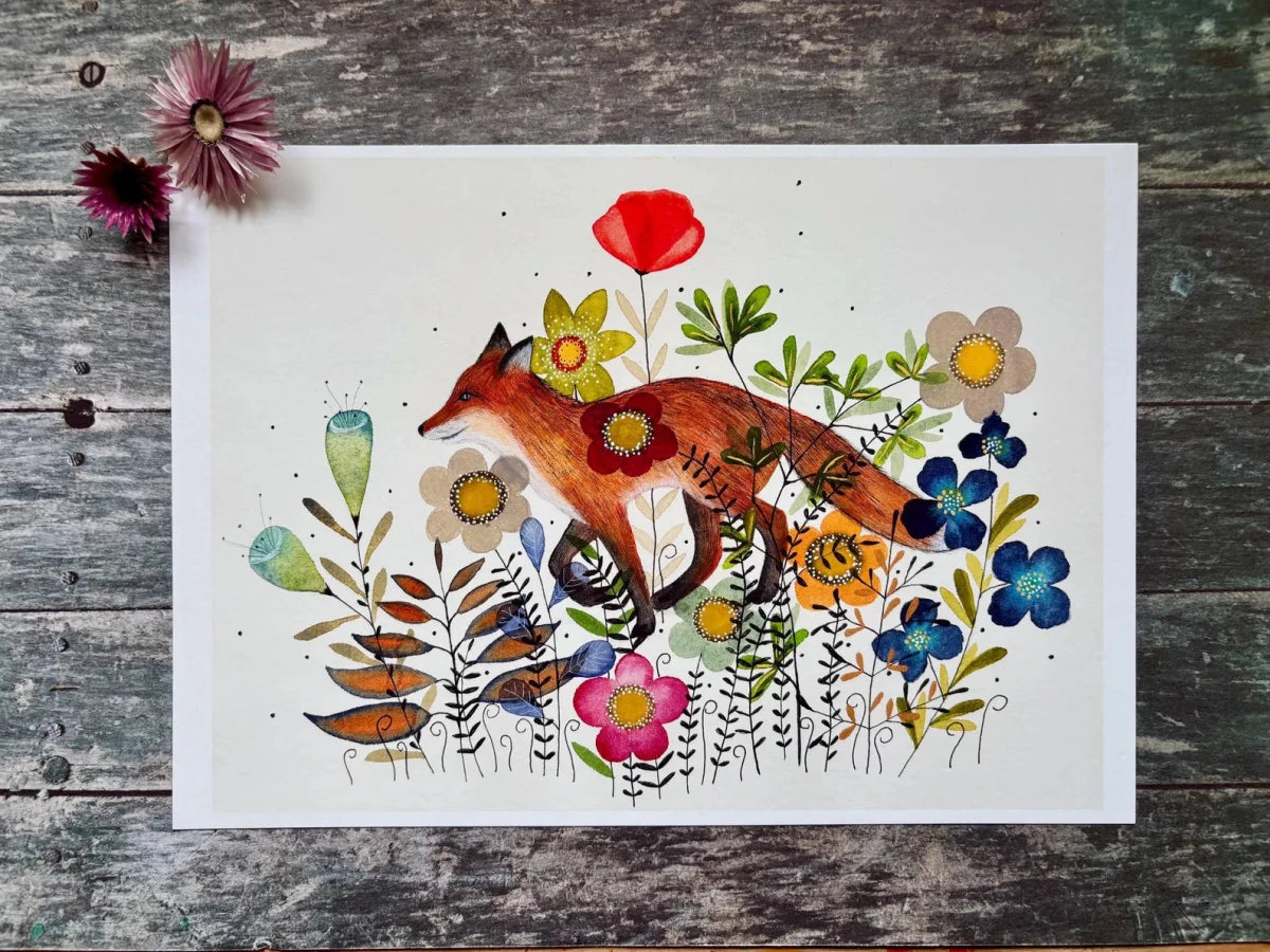 Fox wall art, Fox Illustration, Woodland animal print,A4 Art Print, Home Décor, Colourful wall art, Floral wall art,Fox print, Kitchen Print - Erika's Whimsical Art