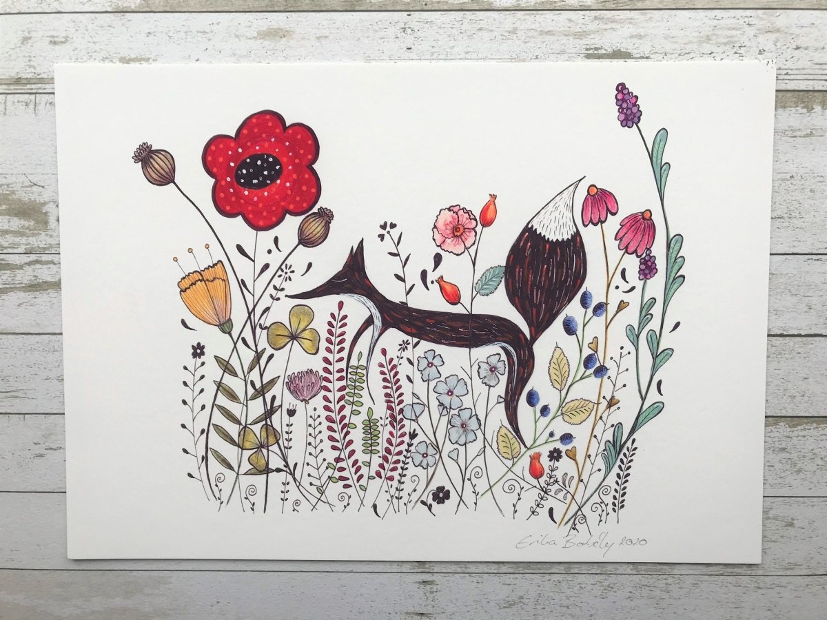 Fox wall art, Fox Illustration, Woodland animal print,A4 Art Print, Home Décor, Colourful wall art, Floral wall art,Fox print, Kitchen Print - Erika's Whimsical Art