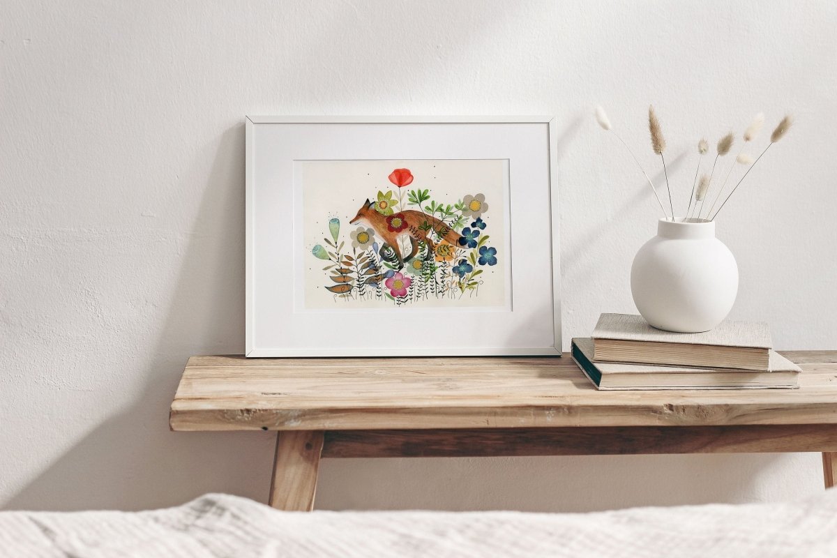Fox wall art, Fox Illustration, Woodland animal print,A4 Art Print, Home Décor, Colourful wall art, Floral wall art,Fox print, Kitchen Print - Erika's Whimsical Art