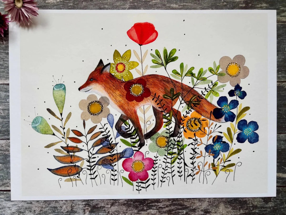 Fox wall art, Fox Illustration, Woodland animal print,A4 Art Print, Home Décor, Colourful wall art, Floral wall art,Fox print, Kitchen Print - Erika's Whimsical Art