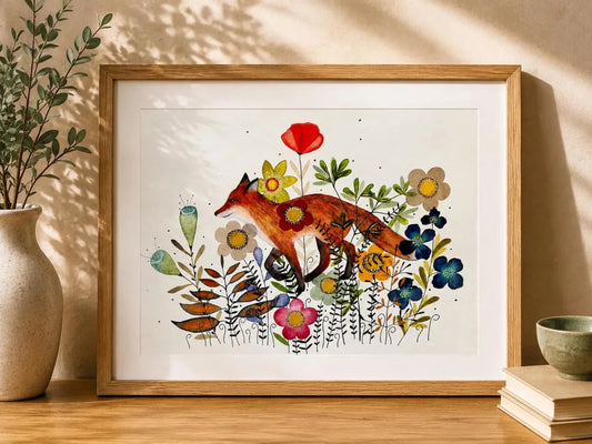 Fox wall art, Fox Illustration, Woodland animal print,A4 Art Print, Home Décor, Colourful wall art, Floral wall art,Fox print, Kitchen Print - Erika's Whimsical Art