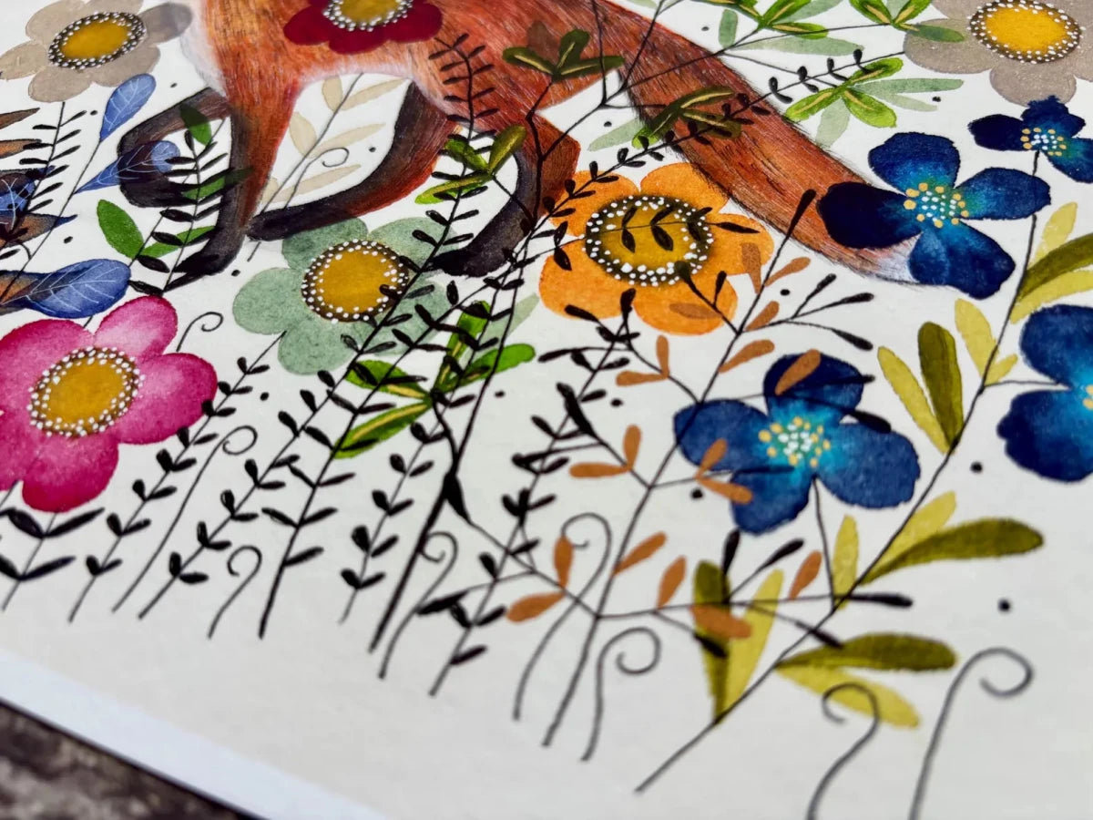 Fox wall art, Fox Illustration, Woodland animal print,A4 Art Print, Home Décor, Colourful wall art, Floral wall art,Fox print, Kitchen Print - Erika's Whimsical Art