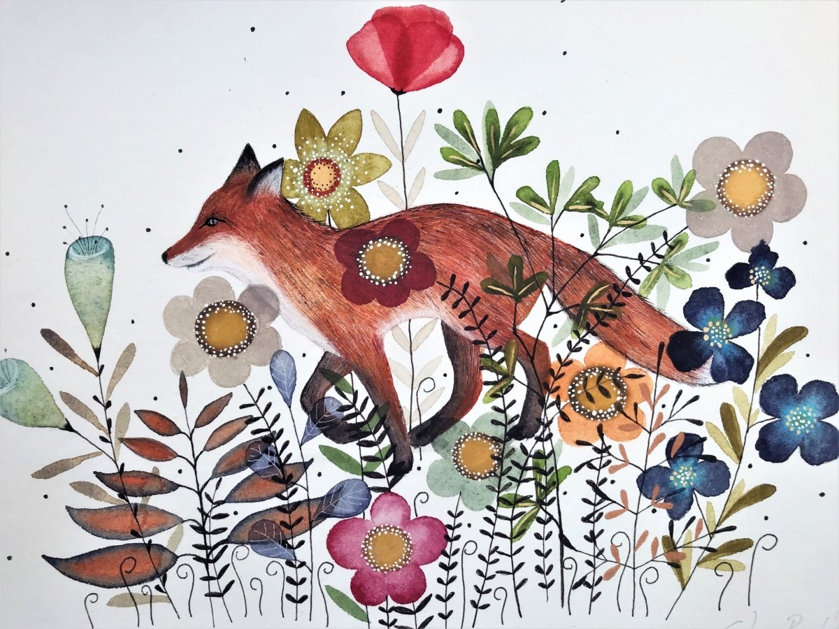 Fox wall art, Fox Illustration, Woodland animal print,A4 Art Print, Home Décor, Colourful wall art, Floral wall art,Fox print, Kitchen Print - Erika's Whimsical Art