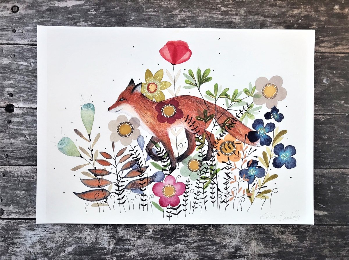 Fox wall art, Fox Illustration, Woodland animal print,A4 Art Print, Home Décor, Colourful wall art, Floral wall art,Fox print, Kitchen Print - Erika's Whimsical Art