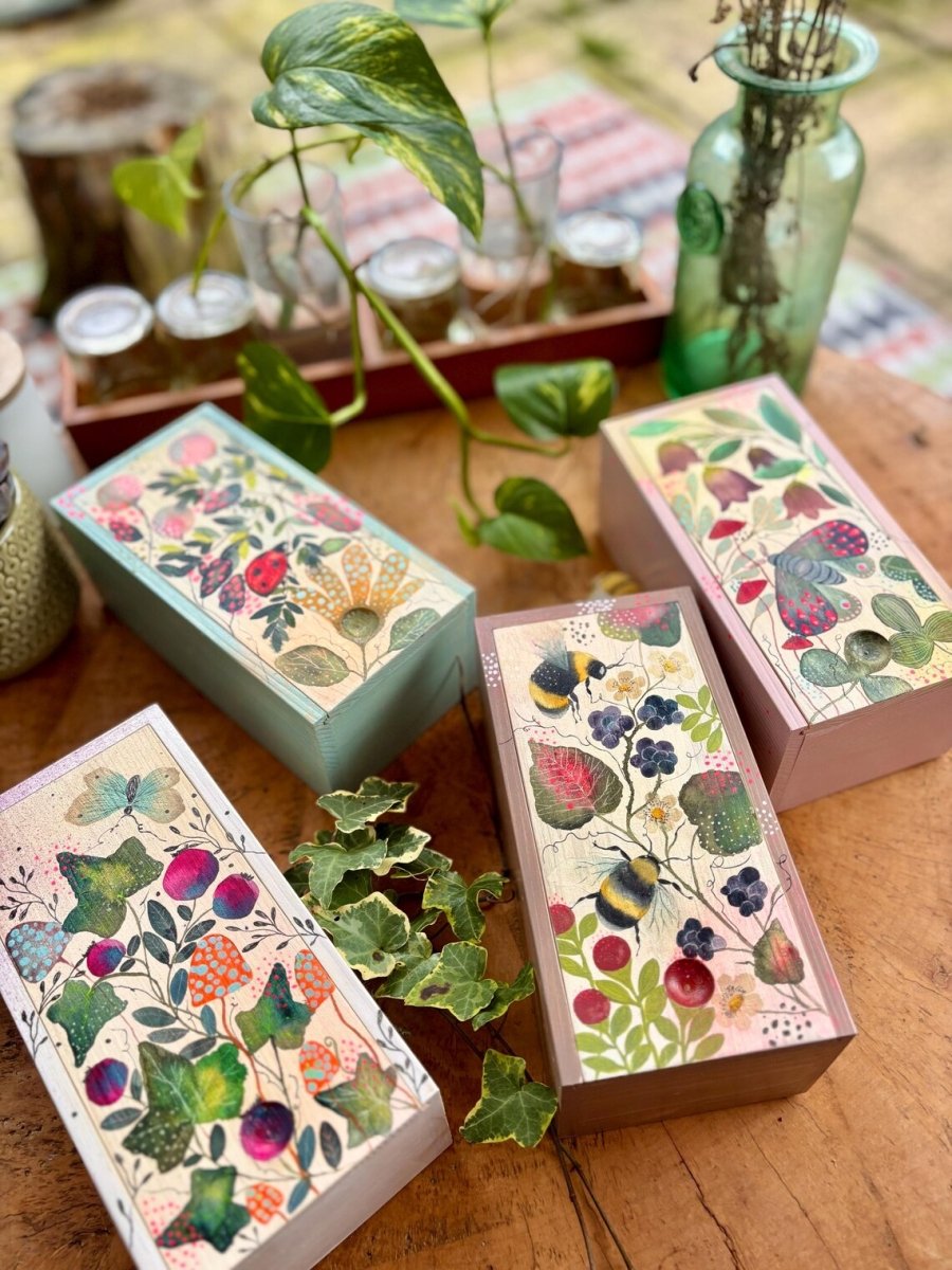 Hand - Painted Botanical Wooden Box • Ivy, Berries & Butterfly - Erika's Whimsical Art