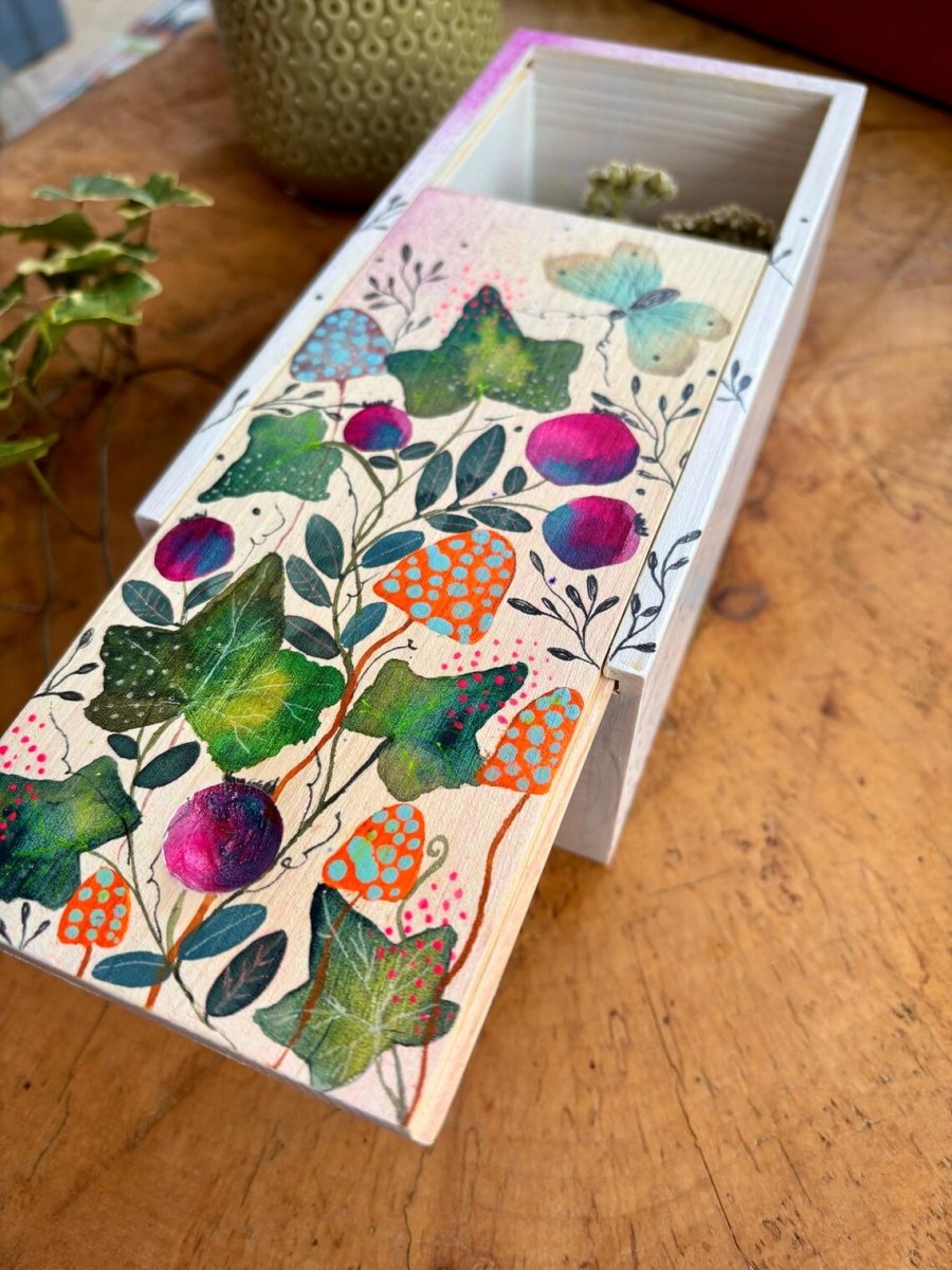 Hand - Painted Botanical Wooden Box • Ivy, Berries & Butterfly - Erika's Whimsical Art