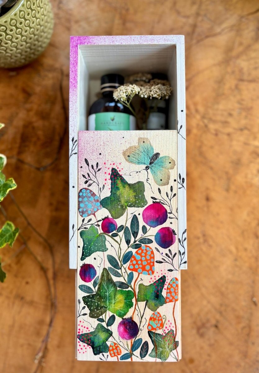 Hand - Painted Botanical Wooden Box • Ivy, Berries & Butterfly - Erika's Whimsical Art