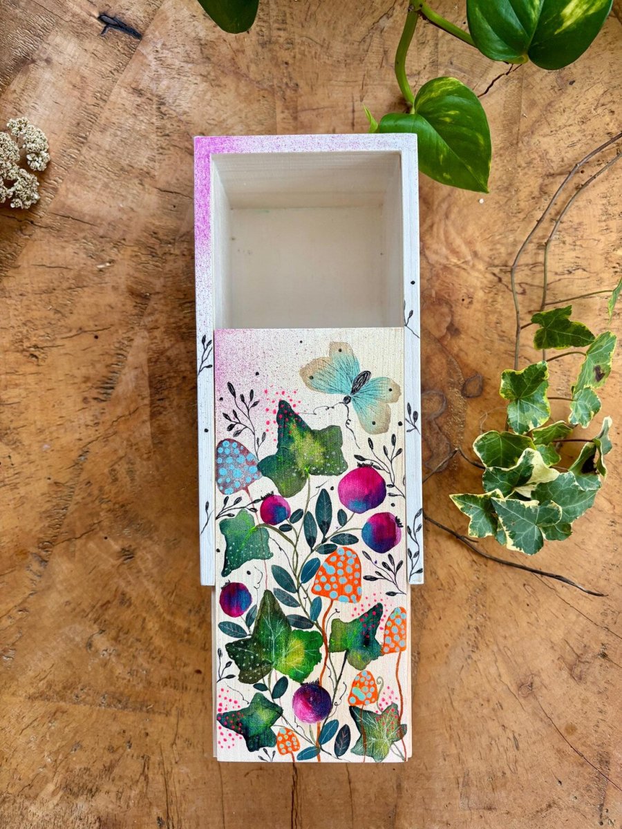 Hand - Painted Botanical Wooden Box • Ivy, Berries & Butterfly - Erika's Whimsical Art