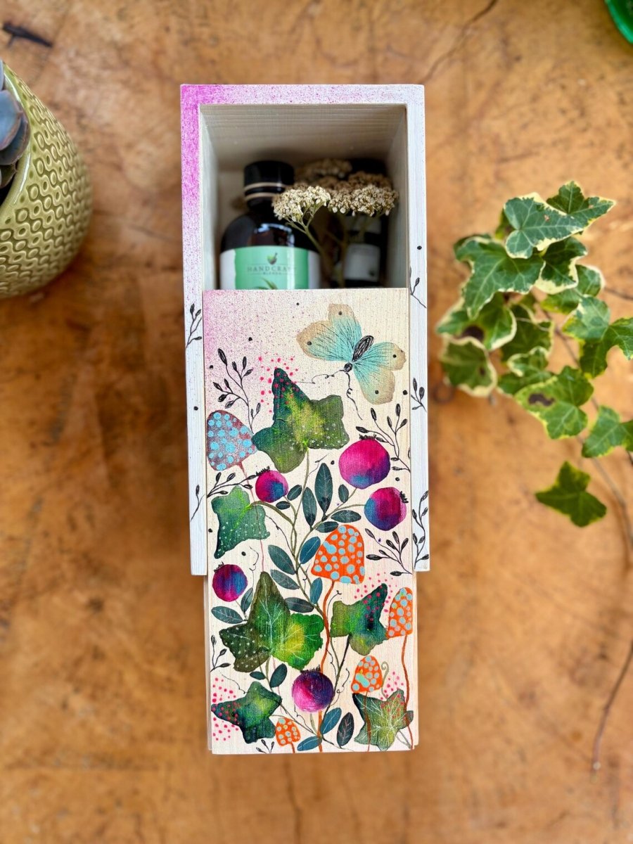 Hand - Painted Botanical Wooden Box • Ivy, Berries & Butterfly - Erika's Whimsical Art