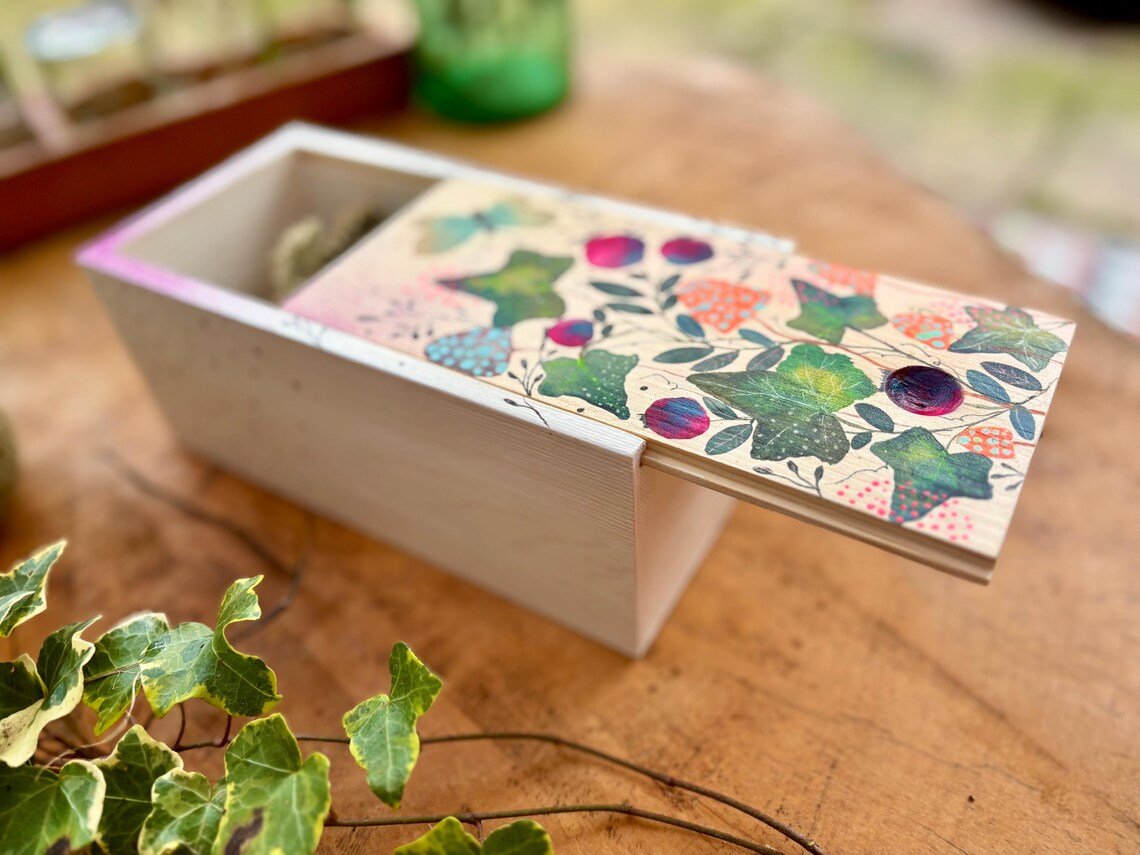 Hand - Painted Botanical Wooden Box • Ivy, Berries & Butterfly - Erika's Whimsical Art