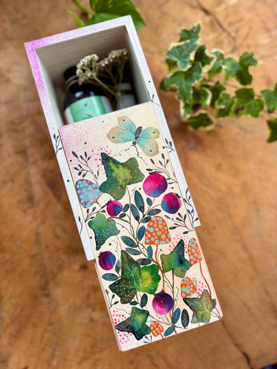 Hand - Painted Botanical Wooden Box • Ivy, Berries & Butterfly - Erika's Whimsical Art