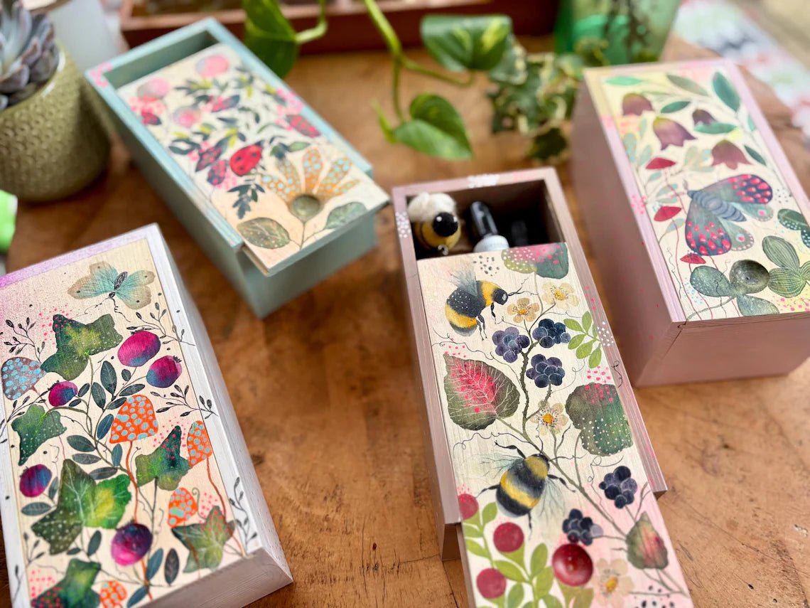 Hand - Painted Botanical Wooden Box • Ivy, Berries & Butterfly - Erika's Whimsical Art