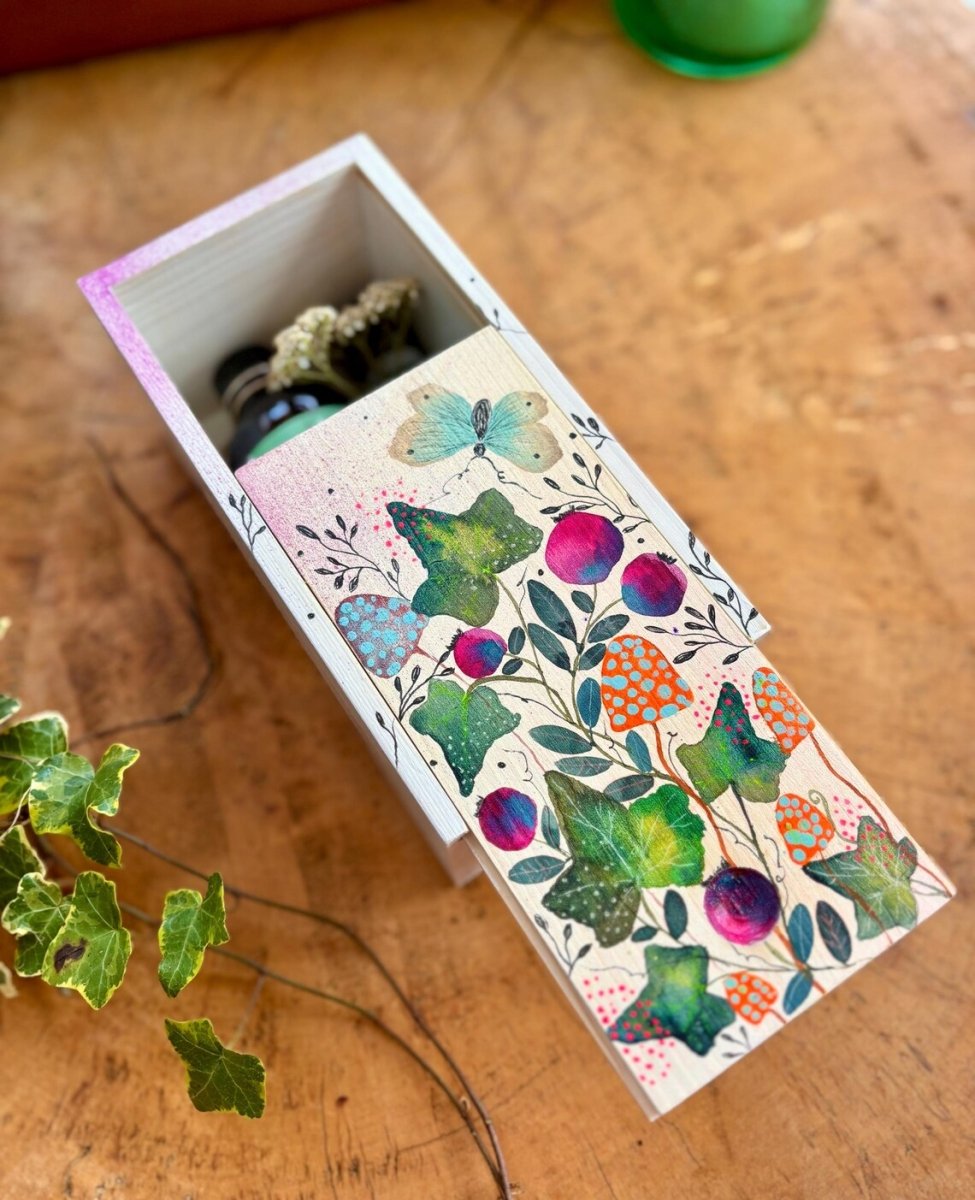 Hand - Painted Botanical Wooden Box • Ivy, Berries & Butterfly - Erika's Whimsical Art