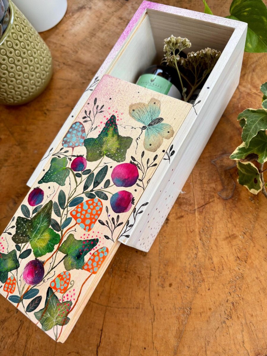 Hand - Painted Botanical Wooden Box • Ivy, Berries & Butterfly - Erika's Whimsical Art