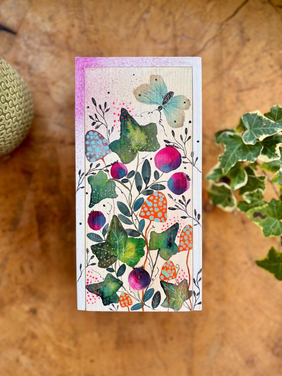 Hand - Painted Botanical Wooden Box • Ivy, Berries & Butterfly - Erika's Whimsical Art