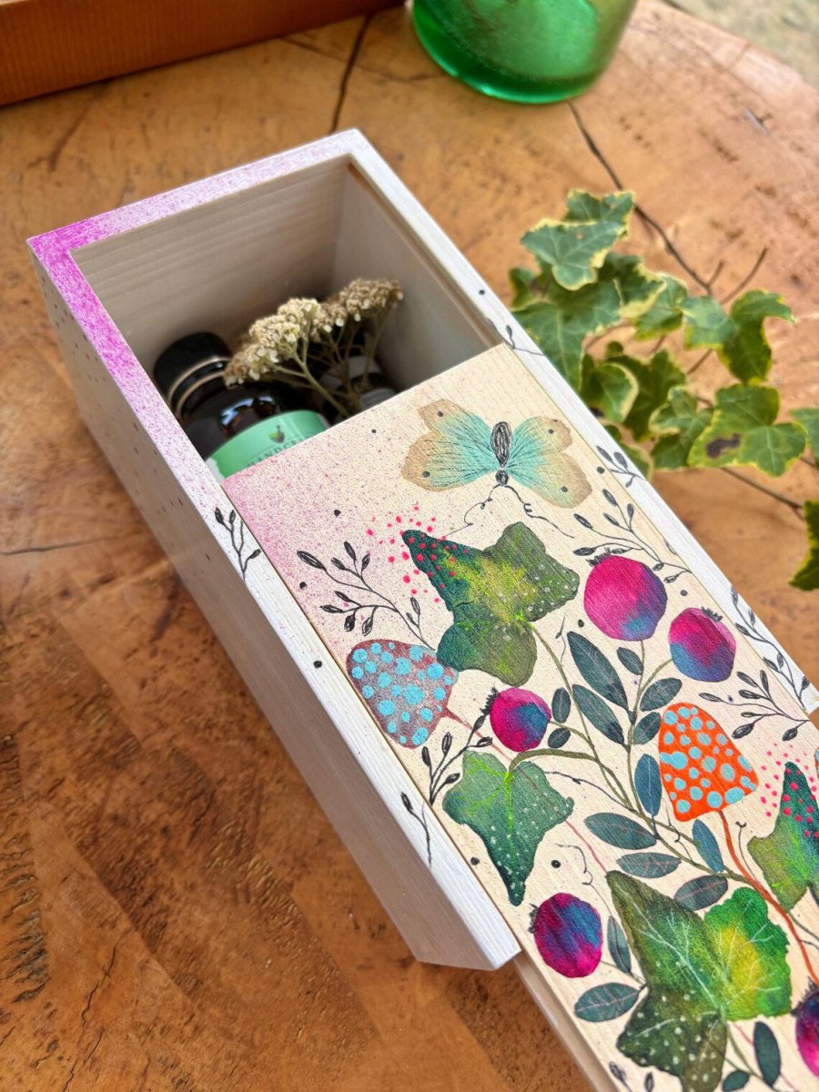 Hand - Painted Botanical Wooden Box • Ivy, Berries & Butterfly - Erika's Whimsical Art