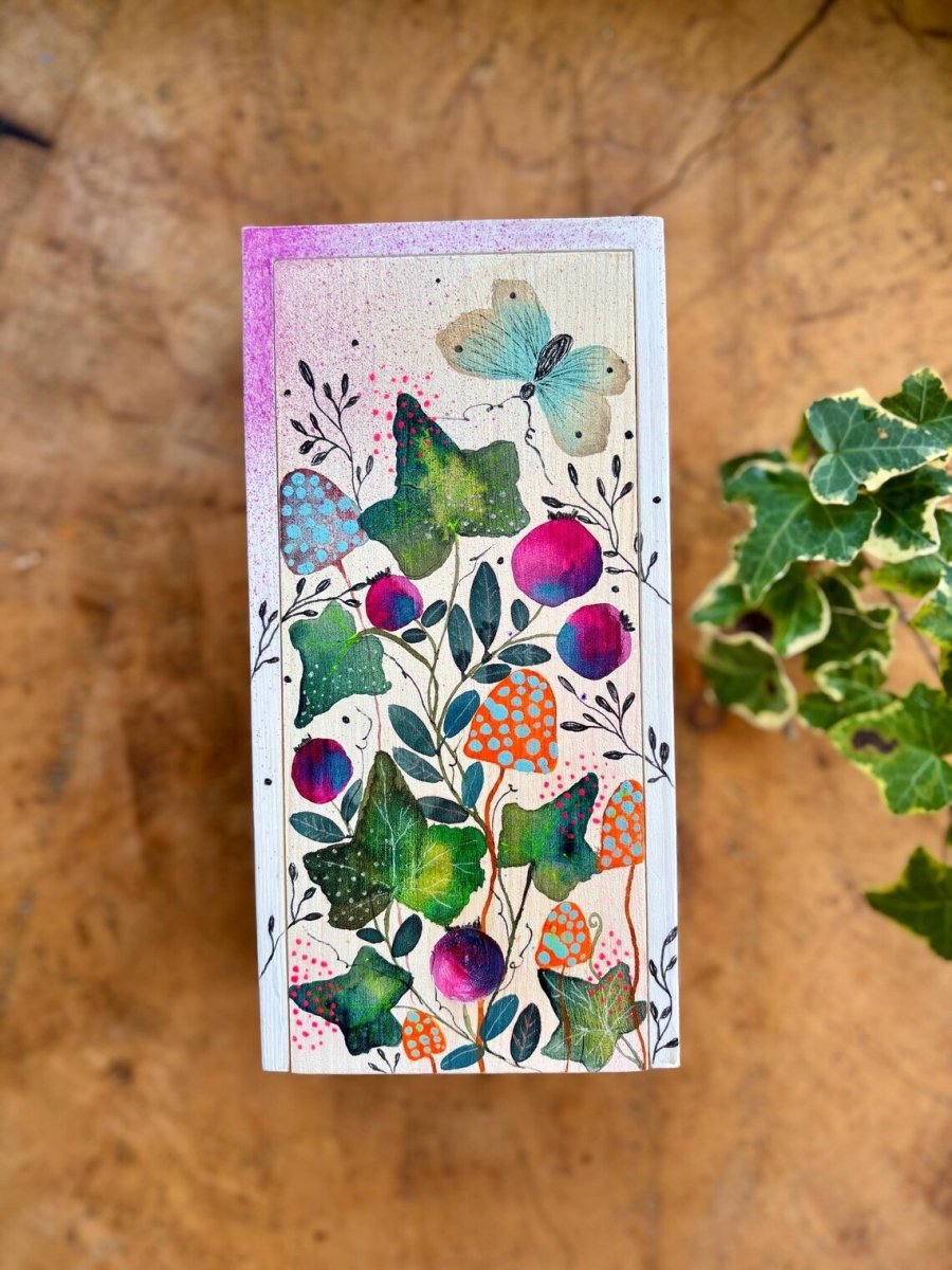 Hand - Painted Botanical Wooden Box • Ivy, Berries & Butterfly - Erika's Whimsical Art