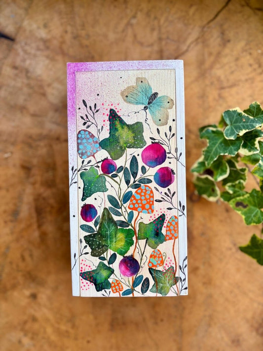 Hand - Painted Botanical Wooden Box • Ivy, Berries & Butterfly - Erika's Whimsical Art