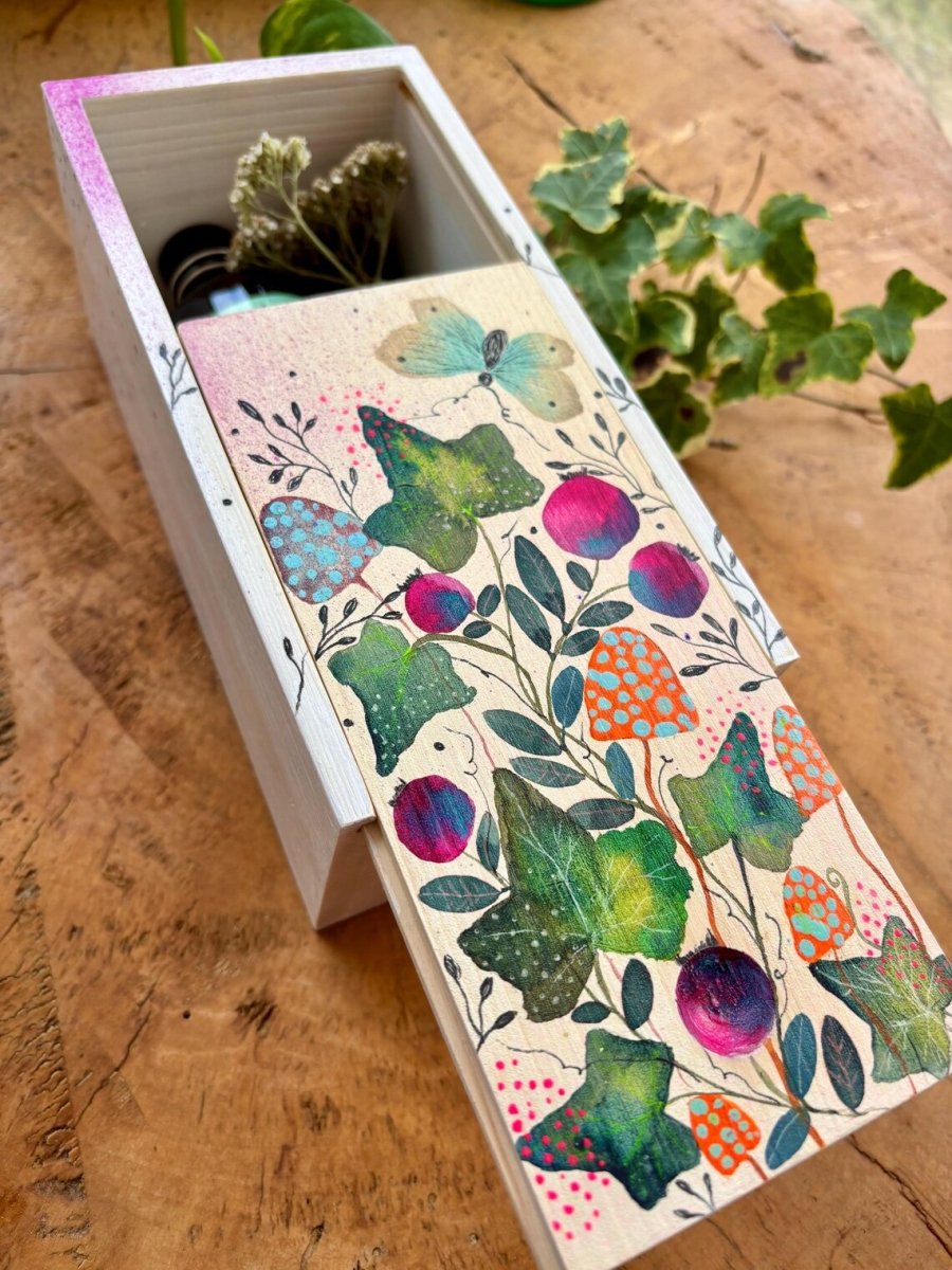Hand - Painted Botanical Wooden Box • Ivy, Berries & Butterfly - Erika's Whimsical Art