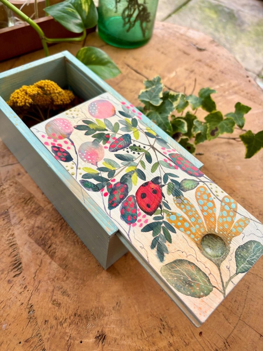 Hand - Painted Ladybird Trinket Box – Botanical Wildflower Design - Erika's Whimsical Art