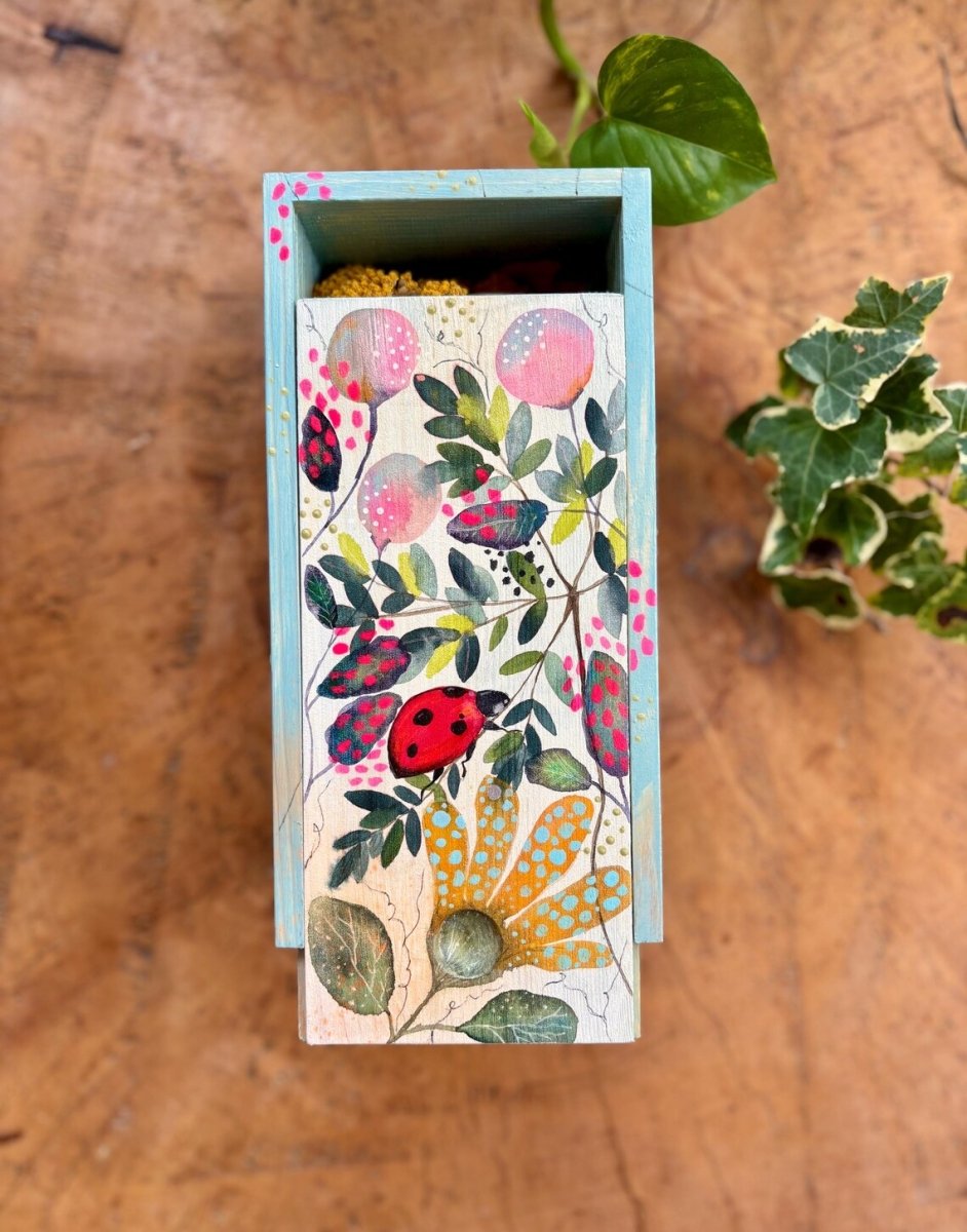 Hand - Painted Ladybird Trinket Box – Botanical Wildflower Design - Erika's Whimsical Art