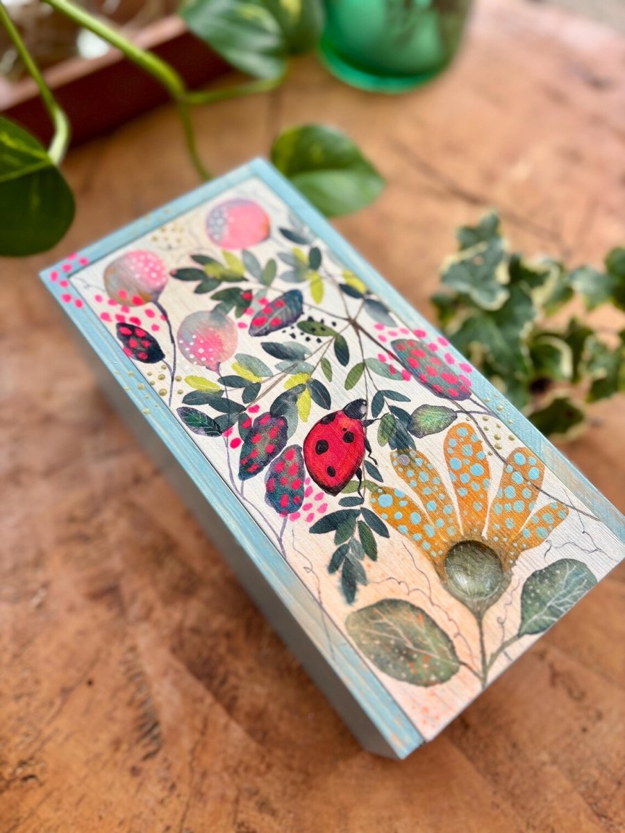 Hand - Painted Ladybird Trinket Box – Botanical Wildflower Design - Erika's Whimsical Art