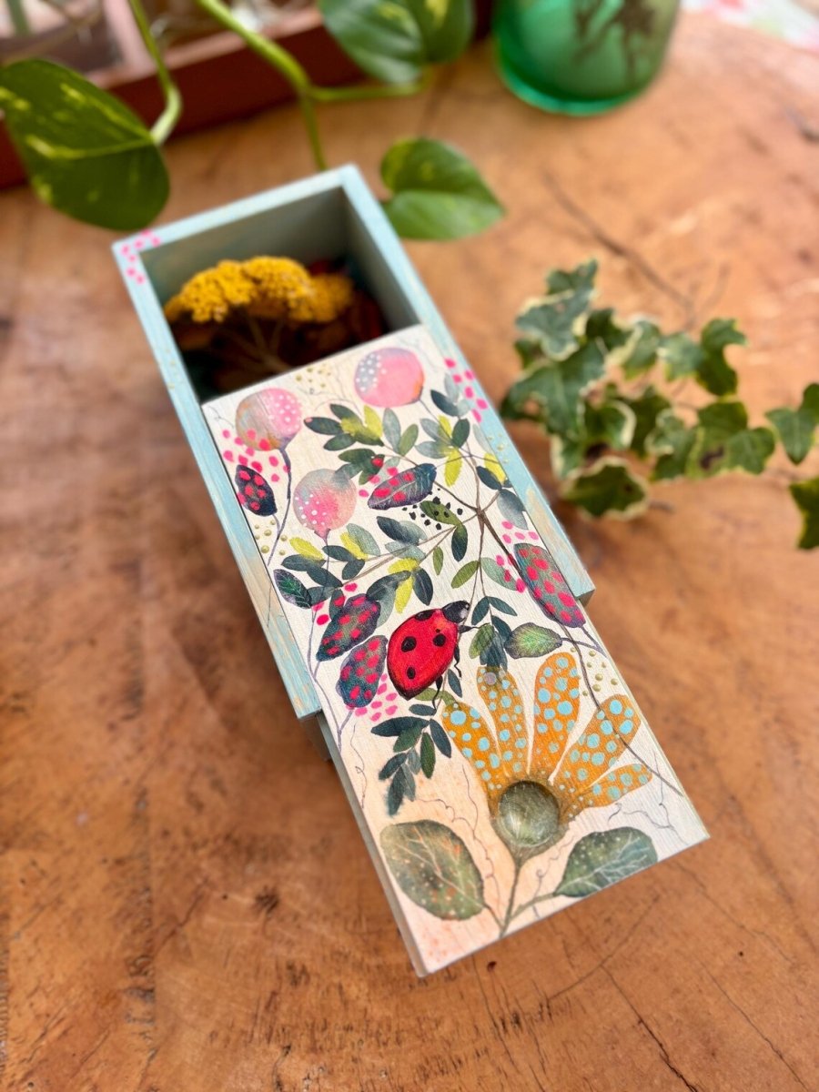 Hand - Painted Ladybird Trinket Box – Botanical Wildflower Design - Erika's Whimsical Art