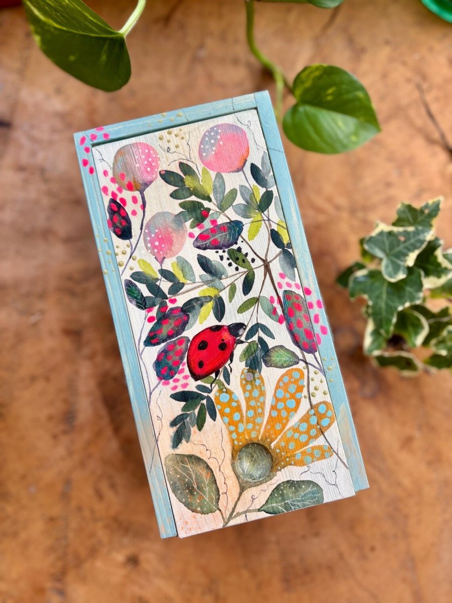 Hand - Painted Ladybird Trinket Box – Botanical Wildflower Design - Erika's Whimsical Art
