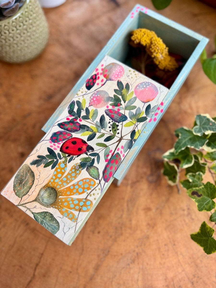 Hand - Painted Ladybird Trinket Box – Botanical Wildflower Design - Erika's Whimsical Art
