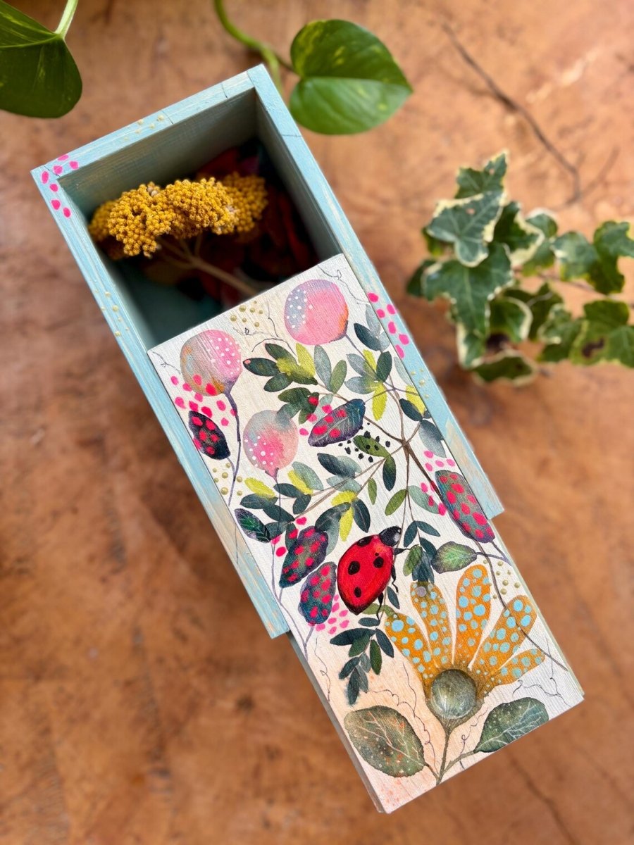 Hand - Painted Ladybird Trinket Box – Botanical Wildflower Design - Erika's Whimsical Art