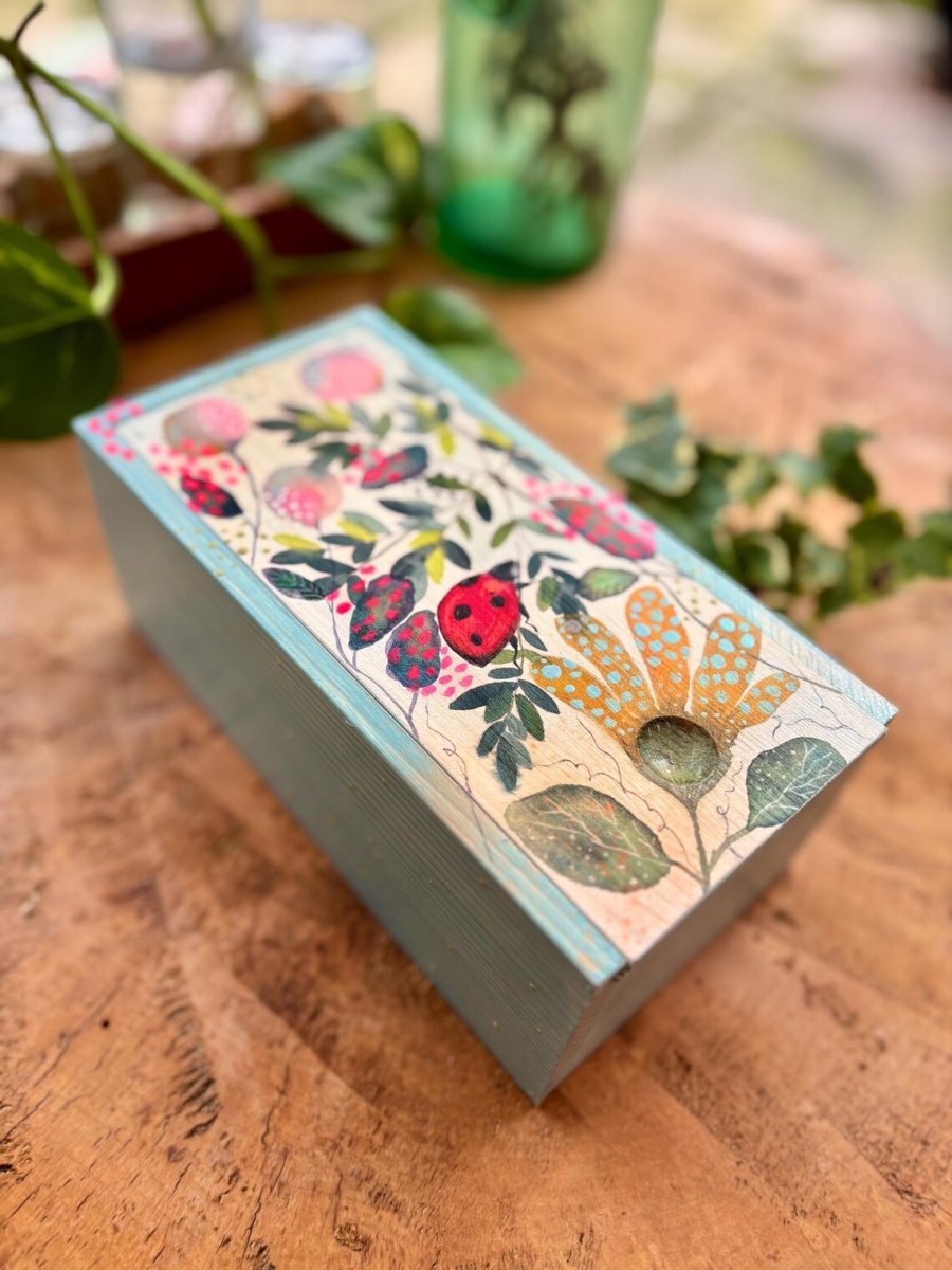Hand - Painted Ladybird Trinket Box – Botanical Wildflower Design - Erika's Whimsical Art