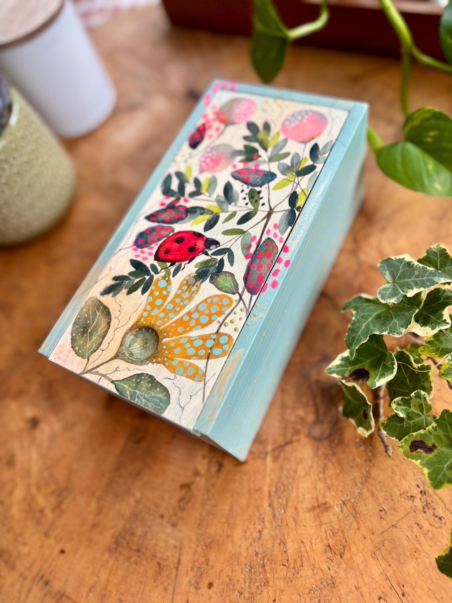 Hand - Painted Ladybird Trinket Box – Botanical Wildflower Design - Erika's Whimsical Art