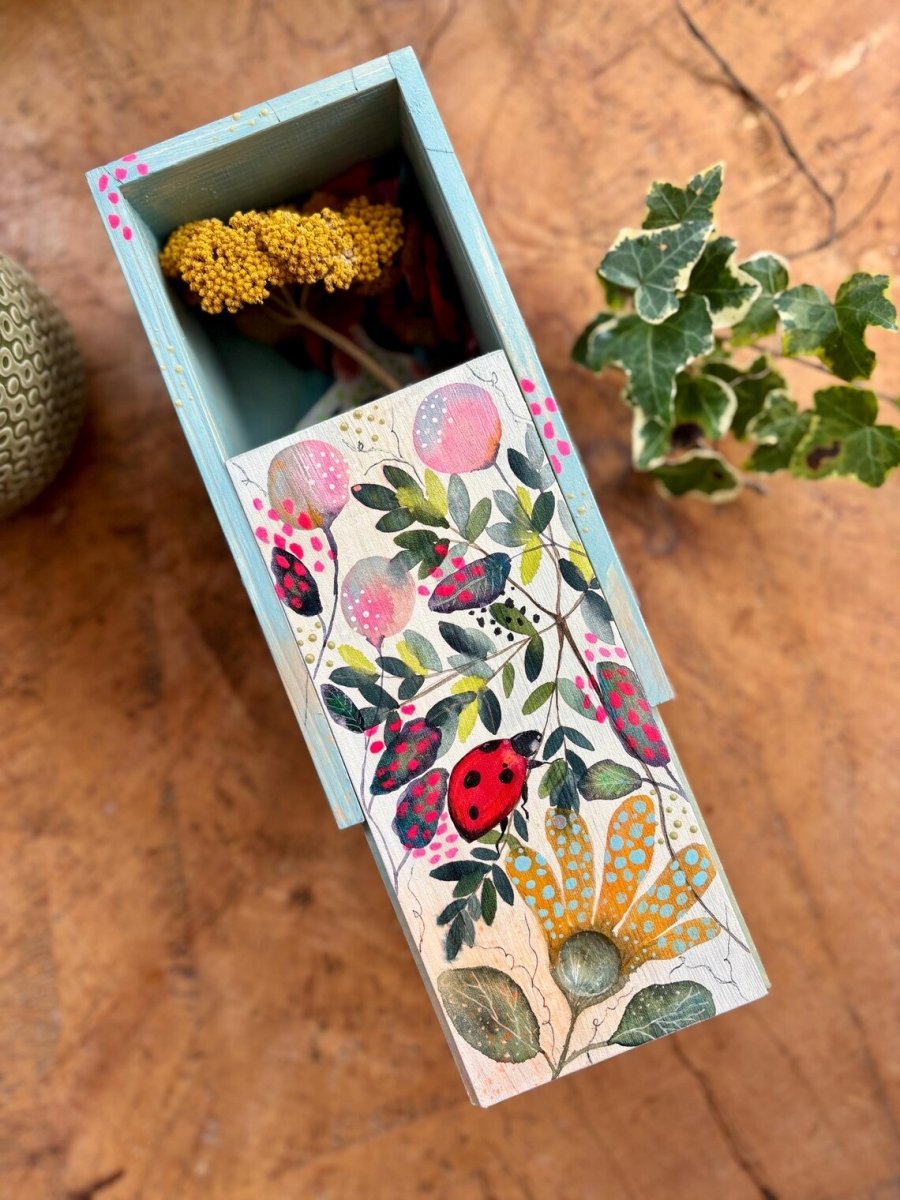 Hand - Painted Ladybird Trinket Box – Botanical Wildflower Design - Erika's Whimsical Art