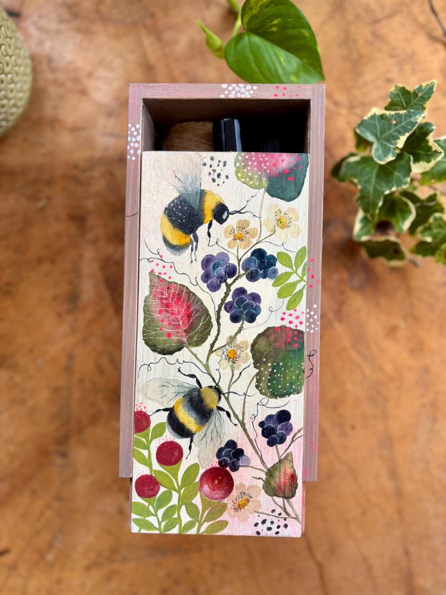 Hand - Painted Wooden Trinket Box – Bumblebee & Berry Nature Art - Erika's Whimsical Art