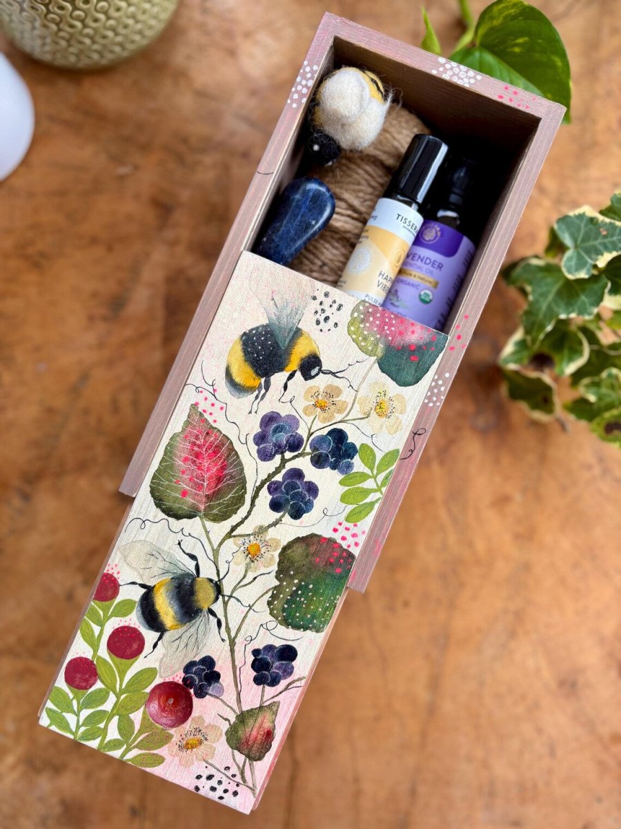 Hand - Painted Wooden Trinket Box – Bumblebee & Berry Nature Art - Erika's Whimsical Art