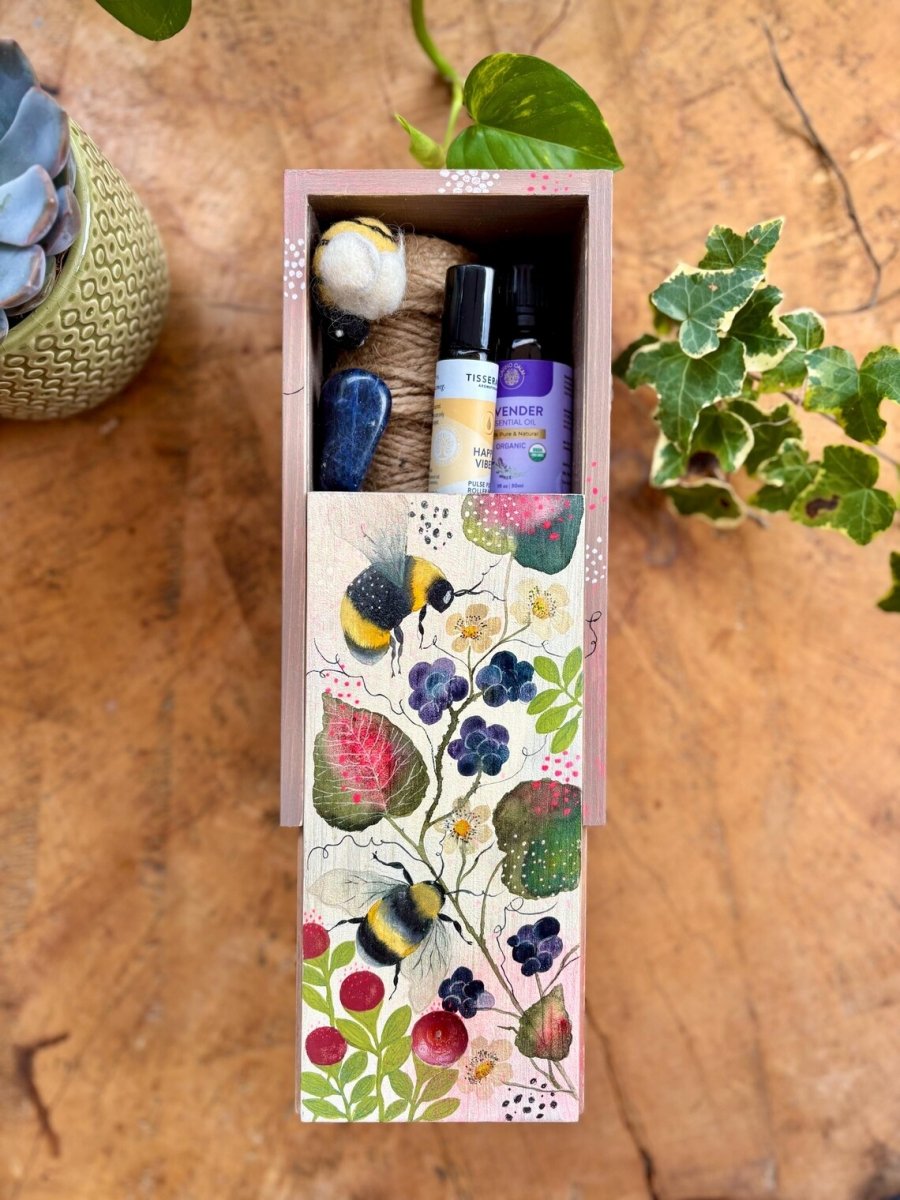 Hand - Painted Wooden Trinket Box – Bumblebee & Berry Nature Art - Erika's Whimsical Art
