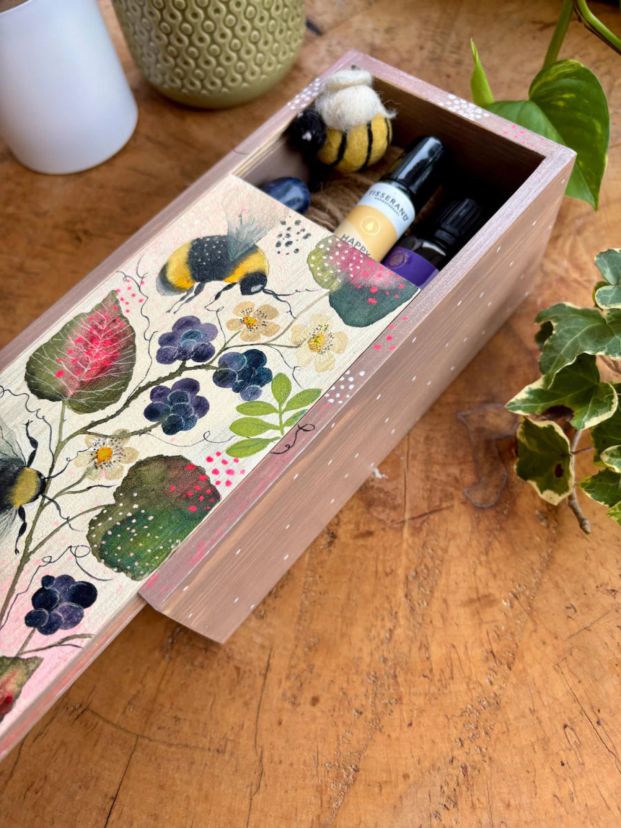 Hand - Painted Wooden Trinket Box – Bumblebee & Berry Nature Art - Erika's Whimsical Art