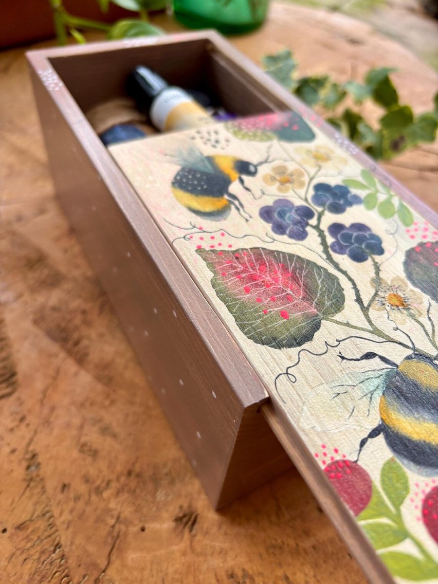 Hand - Painted Wooden Trinket Box – Bumblebee & Berry Nature Art - Erika's Whimsical Art