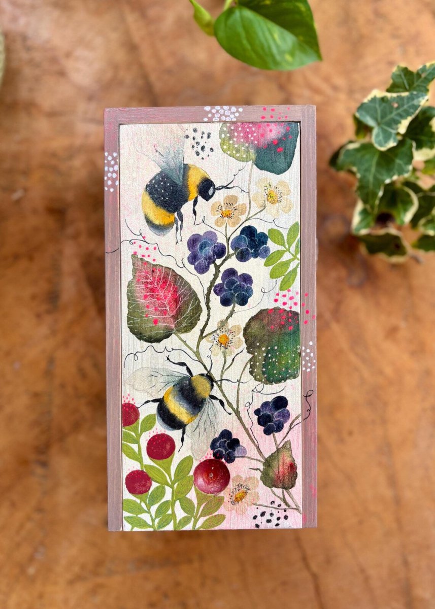 Hand - Painted Wooden Trinket Box – Bumblebee & Berry Nature Art - Erika's Whimsical Art
