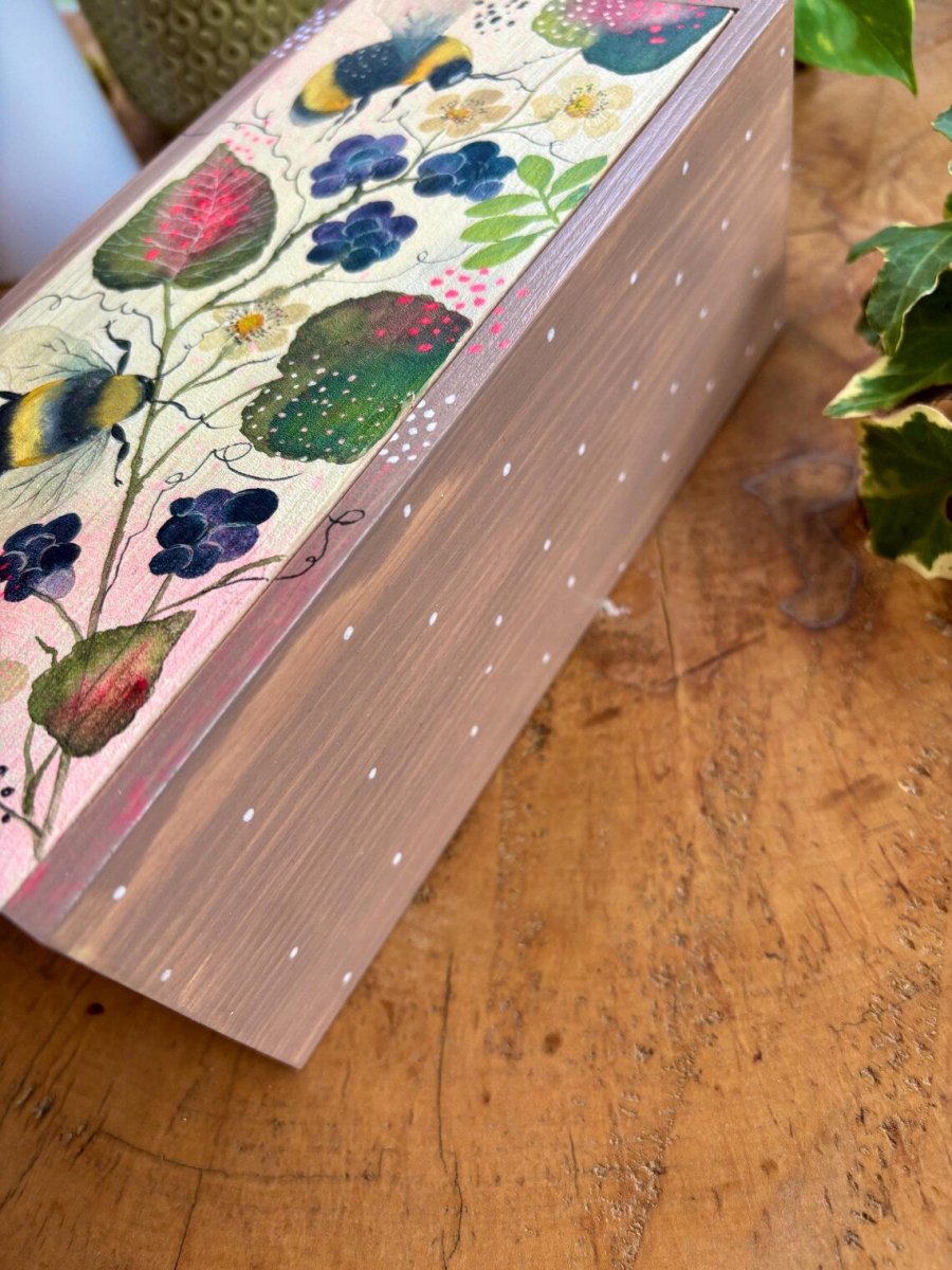 Hand - Painted Wooden Trinket Box – Bumblebee & Berry Nature Art - Erika's Whimsical Art