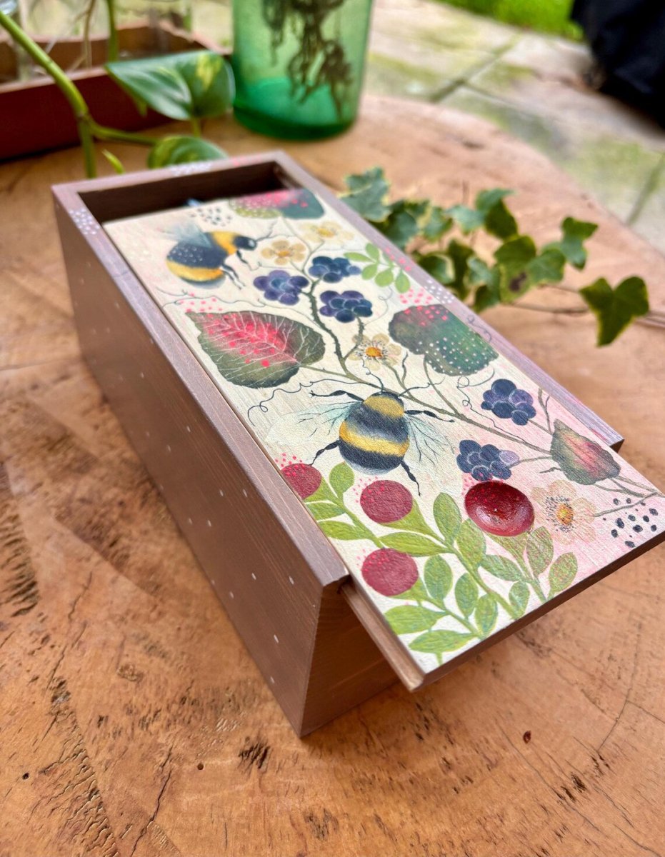 Hand - Painted Wooden Trinket Box – Bumblebee & Berry Nature Art - Erika's Whimsical Art