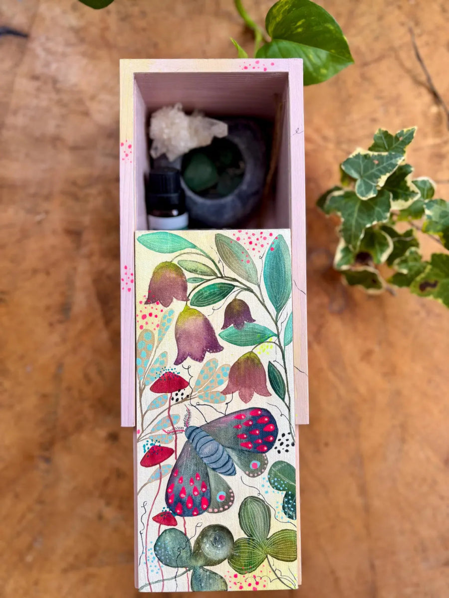 Hand - Painted Wooden Trinket Box – Moth & Bellflower Botanical Design - Erika's Whimsical Art