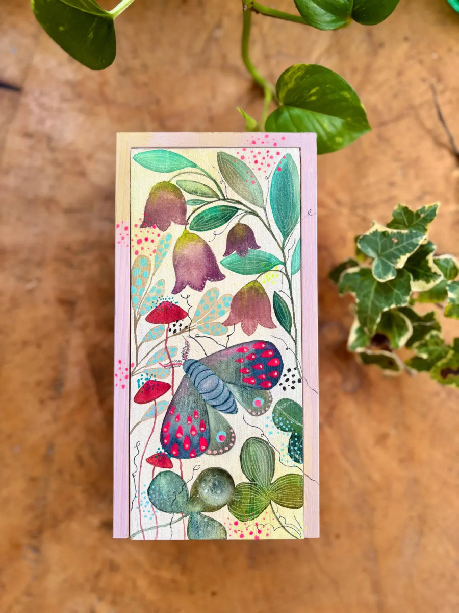 Hand - Painted Wooden Trinket Box – Moth & Bellflower Botanical Design - Erika's Whimsical Art
