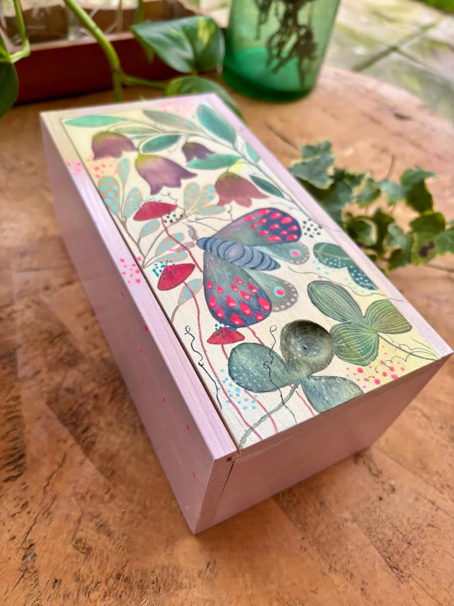 Hand - Painted Wooden Trinket Box – Moth & Bellflower Botanical Design - Erika's Whimsical Art