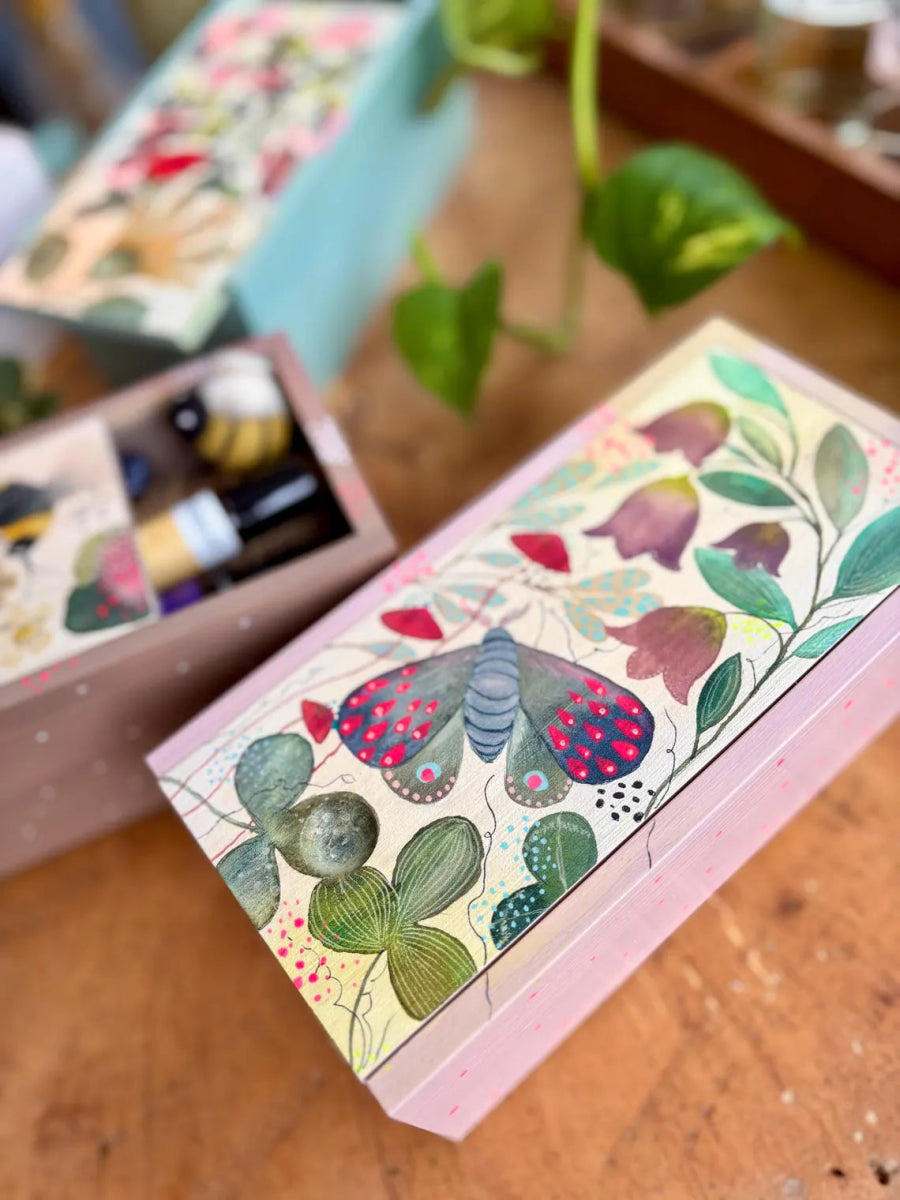 Hand - Painted Wooden Trinket Box – Moth & Bellflower Botanical Design - Erika's Whimsical Art