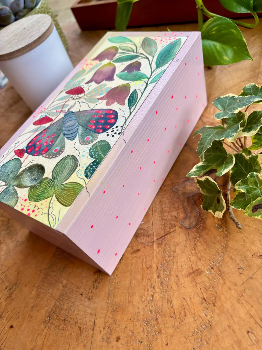 Hand - Painted Wooden Trinket Box – Moth & Bellflower Botanical Design - Erika's Whimsical Art