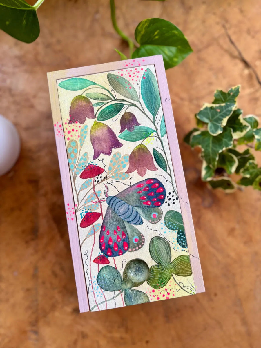 Hand - Painted Wooden Trinket Box – Moth & Bellflower Botanical Design - Erika's Whimsical Art